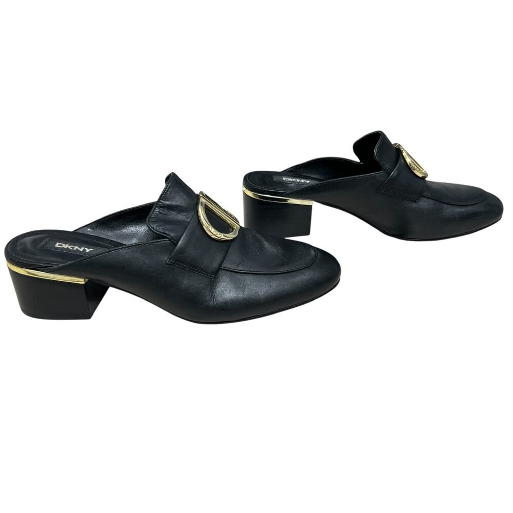DKNY Rizz Leather Logo Hardware Block Heel Mules Loafers women's size 6.5